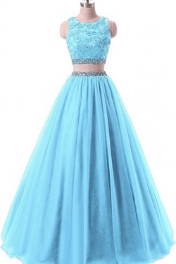 Two Pieces Beaded Lace Appliques Long Blue Prom Dresses Party Evening Gowns 3020380