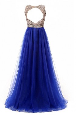 A-Line Long Blue Beaded Sequins Tulle Prom Dresses Party Evening Gowns 3020381