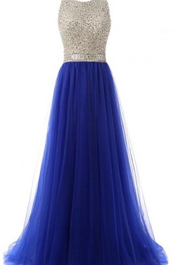 A-Line Long Blue Beaded Sequins Tulle Prom Dresses Party Evening Gowns 3020381