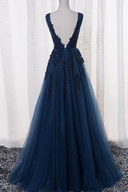 A-Line Lace Appliques Long Blue Prom Dresses Party Evening Gowns 3020383