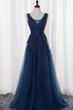 A-Line Lace Appliques Long Blue Prom Dresses Party Evening Gowns 3020383