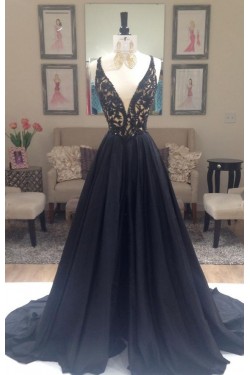 A-Line Long Black Lace V-Neck Prom Dresses Party Evening Gowns 3020384