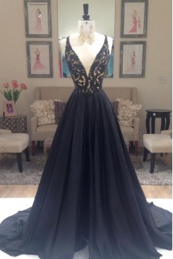 A-Line Long Black Lace V-Neck Prom Dresses Party Evening Gowns 3020384