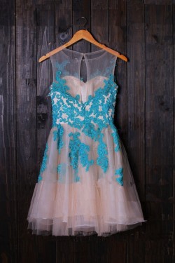 Short Illusion Neckline Blue Lace Appliques Homecoming Cocktail Prom Dresses 3020385