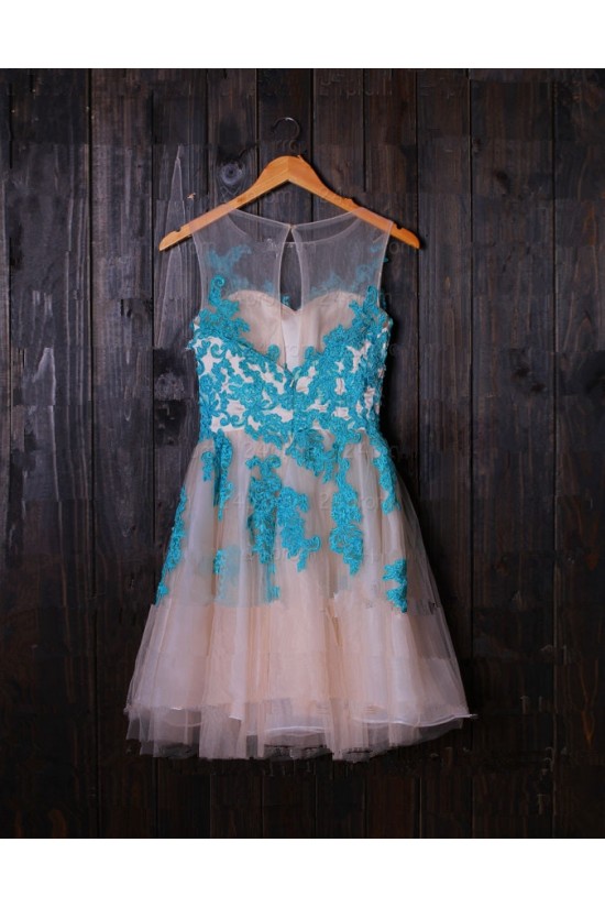 Short Illusion Neckline Blue Lace Appliques Homecoming Cocktail Prom Dresses 3020385
