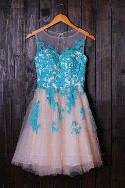 Short Illusion Neckline Blue Lace Appliques Homecoming Cocktail Prom Dresses 3020385