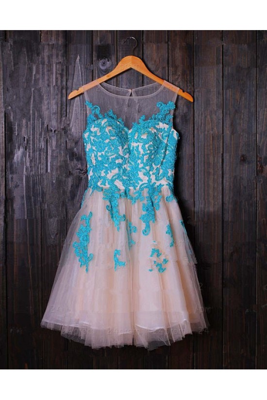 Short Illusion Neckline Blue Lace Appliques Homecoming Cocktail Prom Dresses 3020385