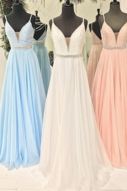 A-Line V-Neck Spaghetti Straps Long Prom Dresses Party Evening Gowns 3020389