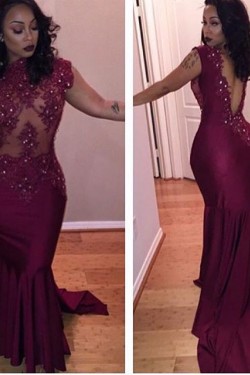 Sexy Illusion Bodice Lace Mermaid Deep V-Back Long Prom Dresses Party Evening Gowns 3020391
