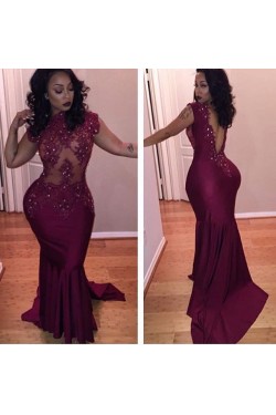 Sexy Illusion Bodice Lace Mermaid Deep V-Back Long Prom Dresses Party Evening Gowns 3020391