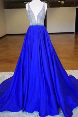 A-Line Long Blue V-Neck Prom Dresses Party Evening Gowns 3020392