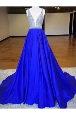 A-Line Long Blue V-Neck Prom Dresses Party Evening Gowns 3020392