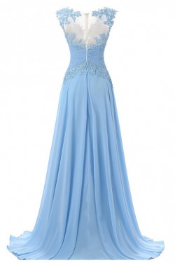 Long Blue Chiffon Illusion Bodice Lace Prom Dresses Party Evening Gowns 3020393