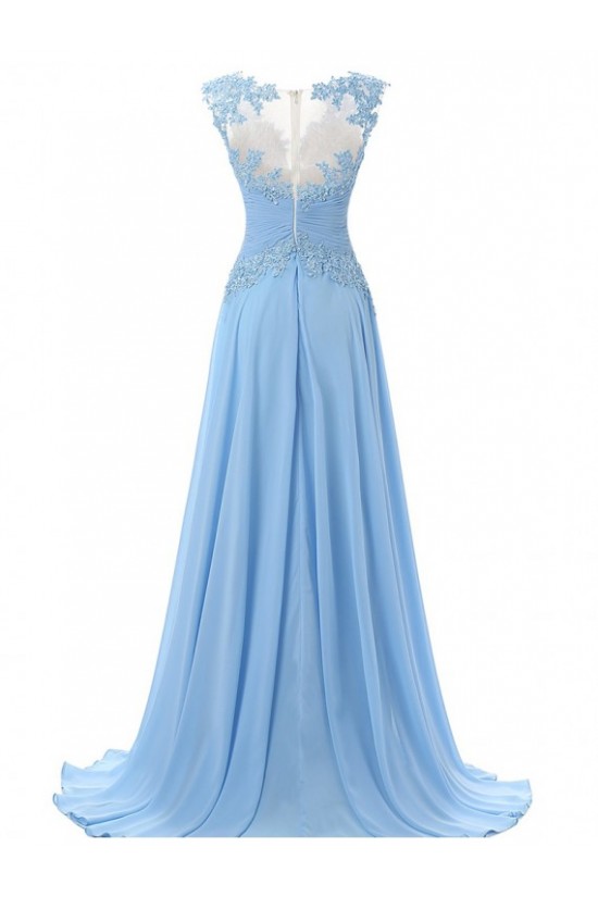 Long Blue Chiffon Illusion Bodice Lace Prom Dresses Party Evening Gowns 3020393