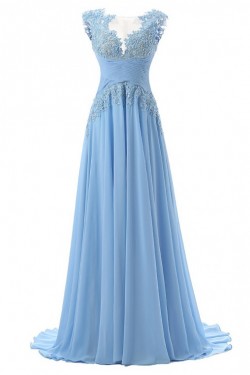 Long Blue Chiffon Illusion Bodice Lace Prom Dresses Party Evening Gowns 3020393