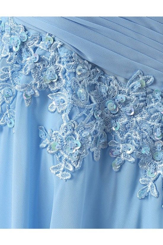 Long Blue Chiffon Illusion Bodice Lace Prom Dresses Party Evening Gowns 3020393