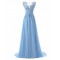Long Blue Chiffon Illusion Bodice Lace Prom Dresses Party Evening Gowns 3020393