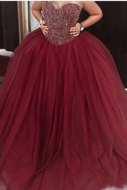 Ball Gown Sweetheart Burgundy Beaded Tulle Prom Dresses Party Evening Gowns 3020399