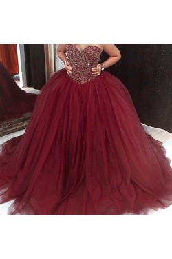 Ball Gown Sweetheart Burgundy Beaded Tulle Prom Dresses Party Evening Gowns 3020399