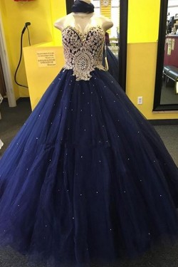 Ball Gown Sweetheart Blue Gold Lace Tulle Prom Dresses Party Evening Gowns 3020400