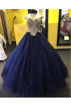 Ball Gown Sweetheart Blue Gold Lace Tulle Prom Dresses Party Evening Gowns 3020400