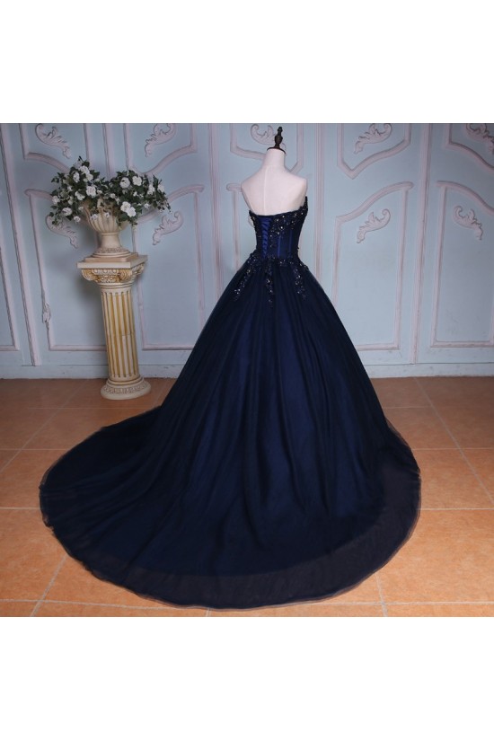Long Blue Sweetheart Beaded Lace Prom Dresses Party Evening Gowns 3020402