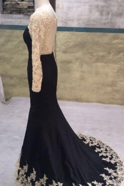 Long Black Mermaid Gold Lace Appliques Long Sleeves Prom Dresses Party Evening Gowns 3020405