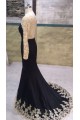 Long Black Mermaid Gold Lace Appliques Long Sleeves Prom Dresses Party Evening Gowns 3020405