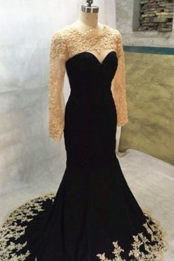 Long Black Mermaid Gold Lace Appliques Long Sleeves Prom Dresses Party Evening Gowns 3020405