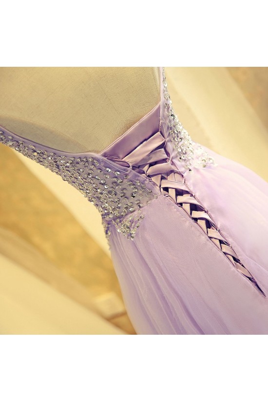 A-Line Beaded Lilac Tulle Prom Dresses Party Evening Gowns 3020407