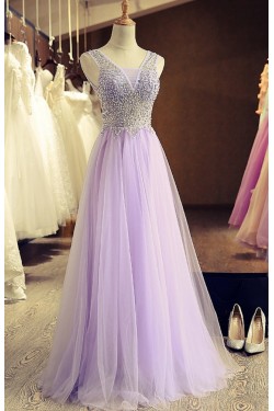 A-Line Beaded Lilac Tulle Prom Dresses Party Evening Gowns 3020407