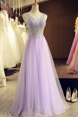 A-Line Beaded Lilac Tulle Prom Dresses Party Evening Gowns 3020407