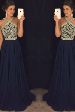 A-Line Beaded Long Navy Chiffon Prom Dresses Party Evening Gowns 3020410