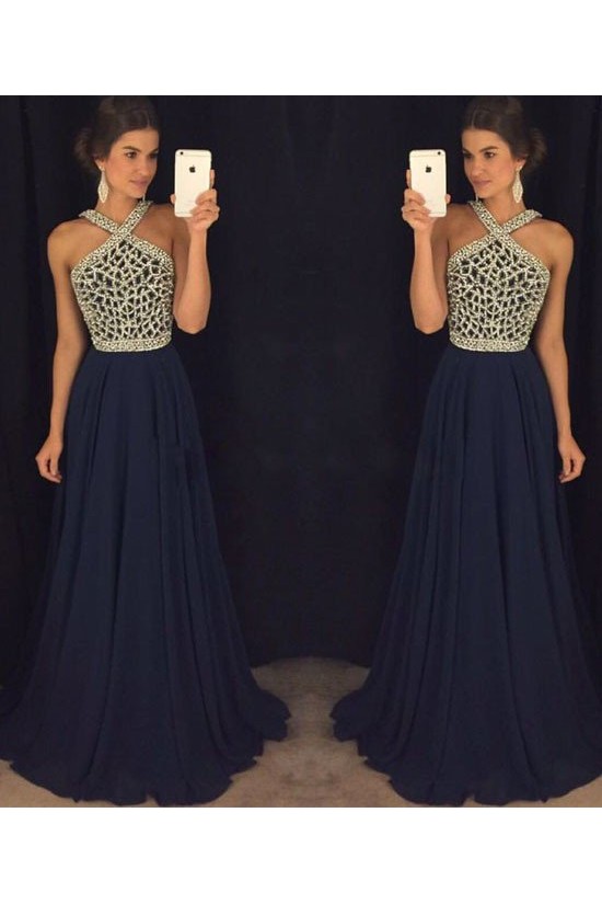 A-Line Beaded Long Navy Chiffon Prom Dresses Party Evening Gowns 3020410