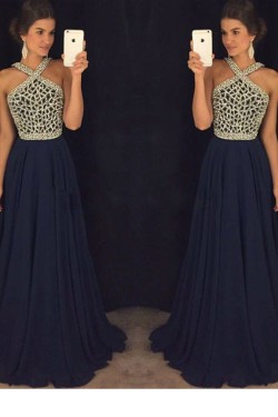 A-Line Beaded Long Navy Chiffon Prom Dresses Party Evening Gowns 3020410