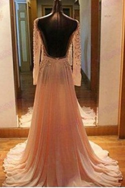 A-Line Long Sleeves Beaded Backless Prom Dresses Party Evening Gowns 3020411