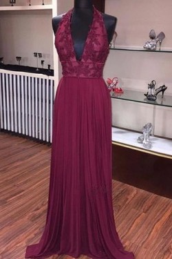 Burgundy Halter V-Neck Lace Prom Dresses Party Evening Gowns 3020415