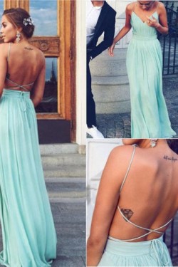 Long Spaghetti Straps Mint Chiffon Prom Dresses Party Evening Gowns 3020416