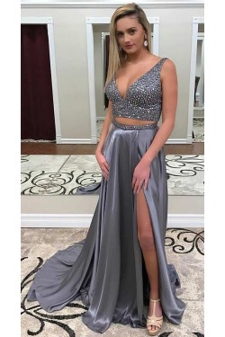 Sexy Beaded Two Pieces V-Neck Silver Prom Dresses Party Evening Gowns with Slit 3020421