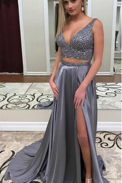 Sexy Beaded Two Pieces V-Neck Silver Prom Dresses Party Evening Gowns with Slit 3020421
