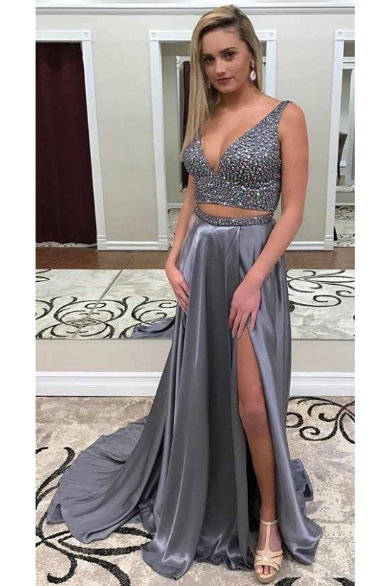 Sexy Beaded Two Pieces V-Neck Silver Prom Dresses Party Evening Gowns with Slit 3020421