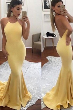 Long Yellow Halter Mermaid Prom Dresses Party Evening Gowns 3020431