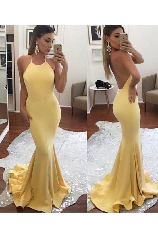 Long Yellow Halter Mermaid Prom Dresses Party Evening Gowns 3020431