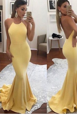 Long Yellow Halter Mermaid Prom Dresses Party Evening Gowns 3020431