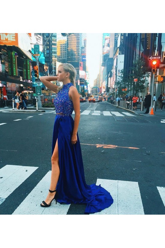 Sexy Beaded Blue Long Prom Dresses Party Evening Gowns with Slit 3020432