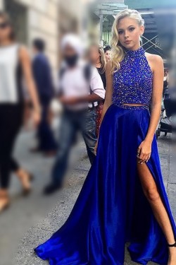 Sexy Beaded Blue Long Prom Dresses Party Evening Gowns with Slit 3020432