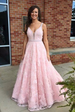 A-Line Long Pink Lace V-Neck Prom Dresses Party Evening Gowns 3020437