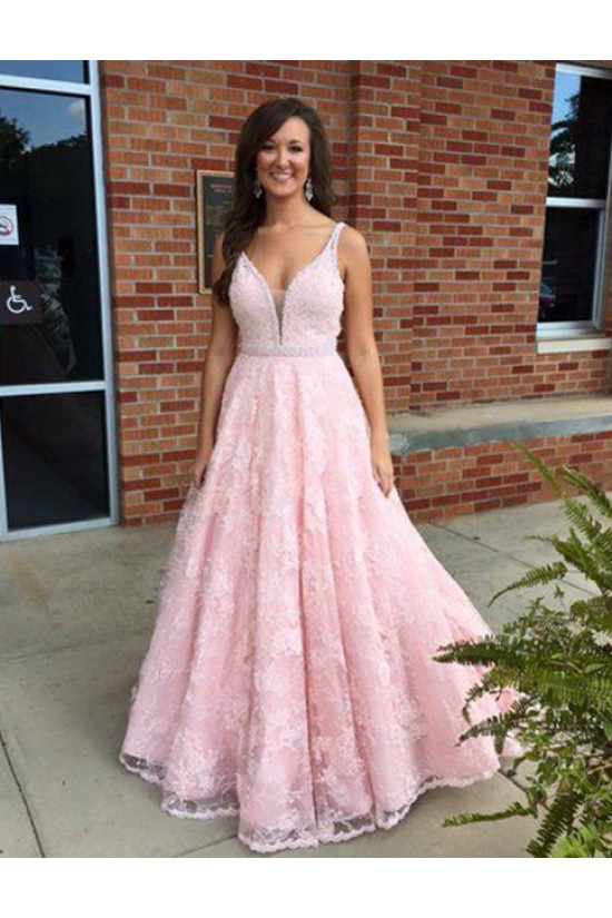 A-Line Long Pink Lace V-Neck Prom Dresses Party Evening Gowns 3020437
