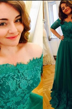 Long Green Lace Off-the-Shoulder Prom Dresses Party Evening Gowns 3020438