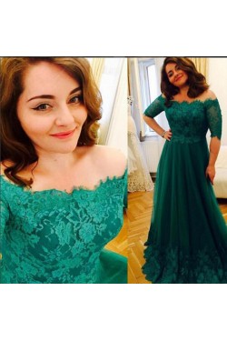 Long Green Lace Off-the-Shoulder Prom Dresses Party Evening Gowns 3020438